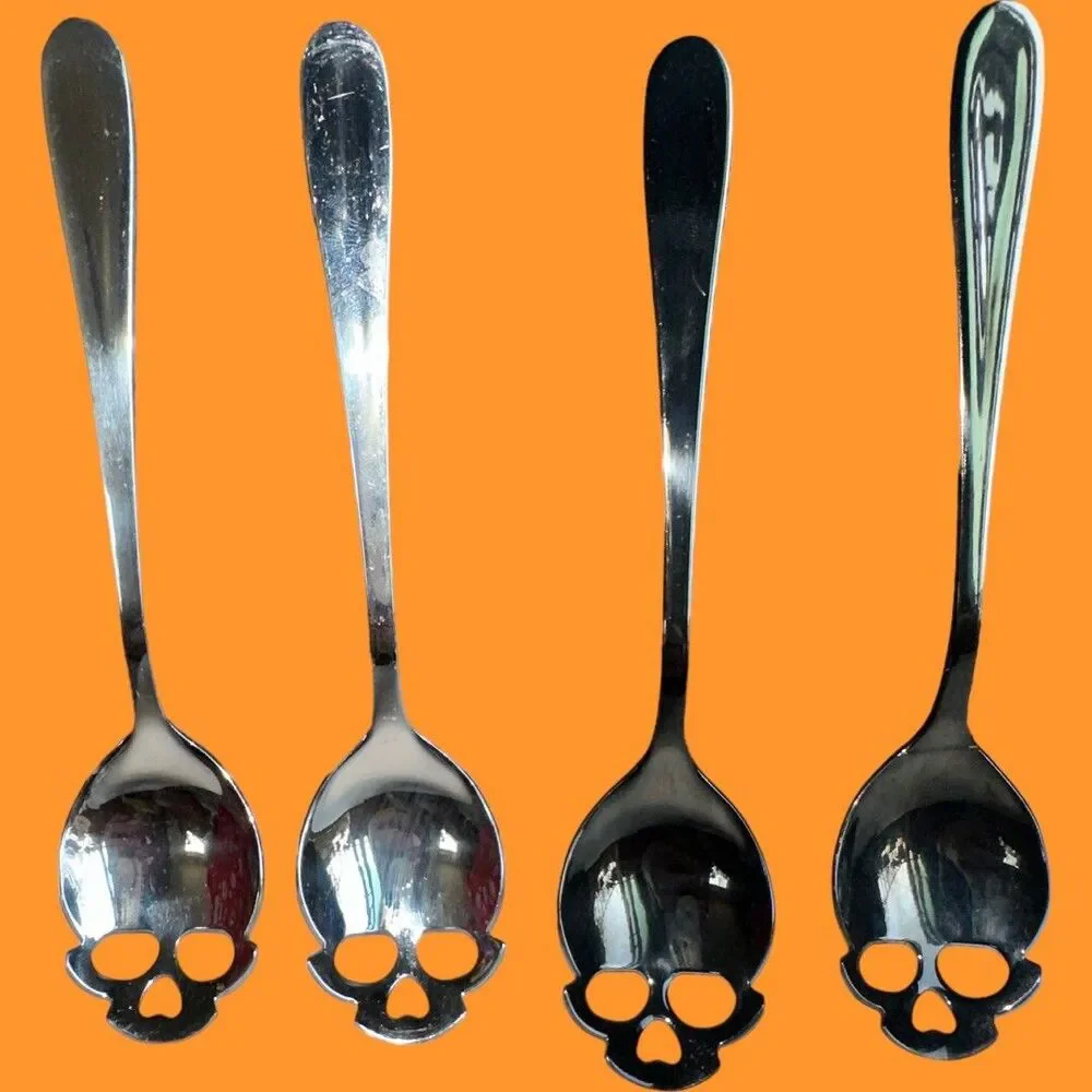 Gothic Skull Spoons Set 4 Stainless Steel Skeleton Coffee Tea Stirrer Metal